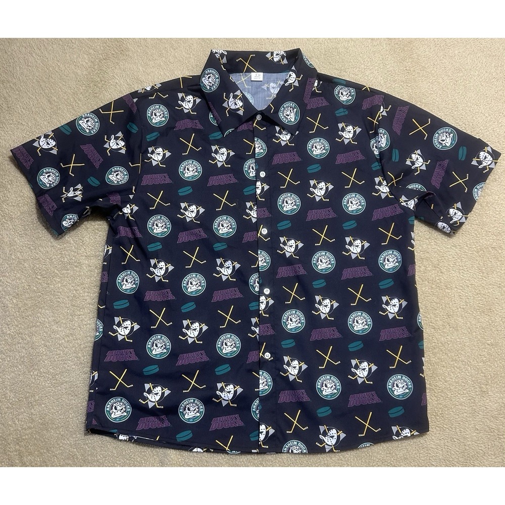 ANAHEIM MIGHTY DUCKS Button Up Hawaiian Style SHIRT XL SGA All Over Logo‎ Vida